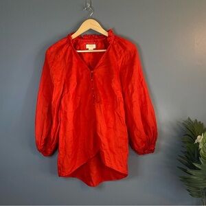 Maeve By Anthropologie Red Linen Puffy Long Sleeves Blouse